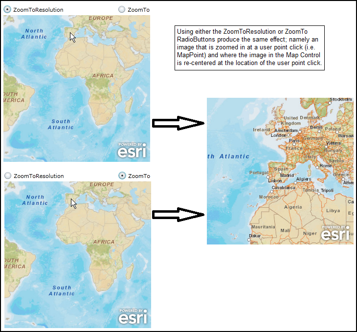 Demonstrating the example code of performing a zoom and re-center the image in the Map Control.