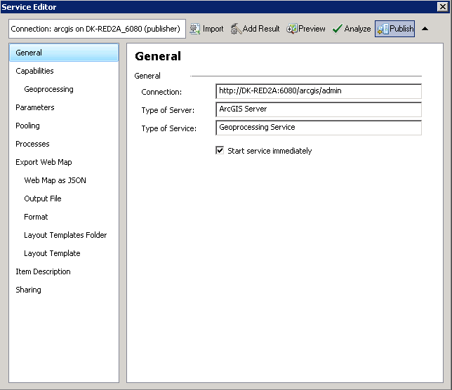 Accept the default publishing options on the Service Editor dialog.