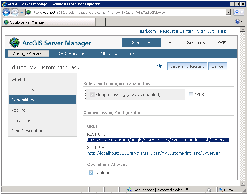 Verifying that the ExportWebMap service was created successfully in the ArcGIS Server Manager.
