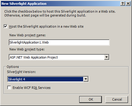 Accept the defaults in the New Silverlight Application dialog.