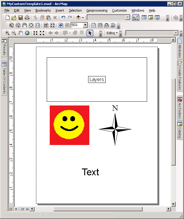 Example of the completed layout of the saved 'Layout Template' .mxd file.
