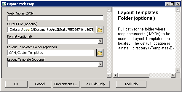 Specifying the correct parameters ofthe Export Web Map dialog.