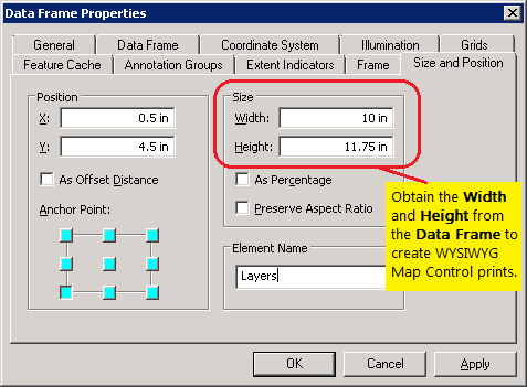 Obtaining the Width and Height settings of the Data Frame.