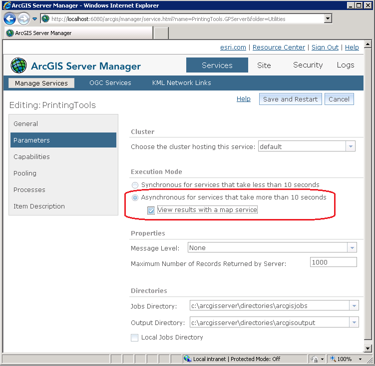 Using ArcGIS Server Manager to change the Execution Mode of an Export Web Map Task.