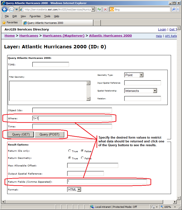 Setting the various form elements for a Query.