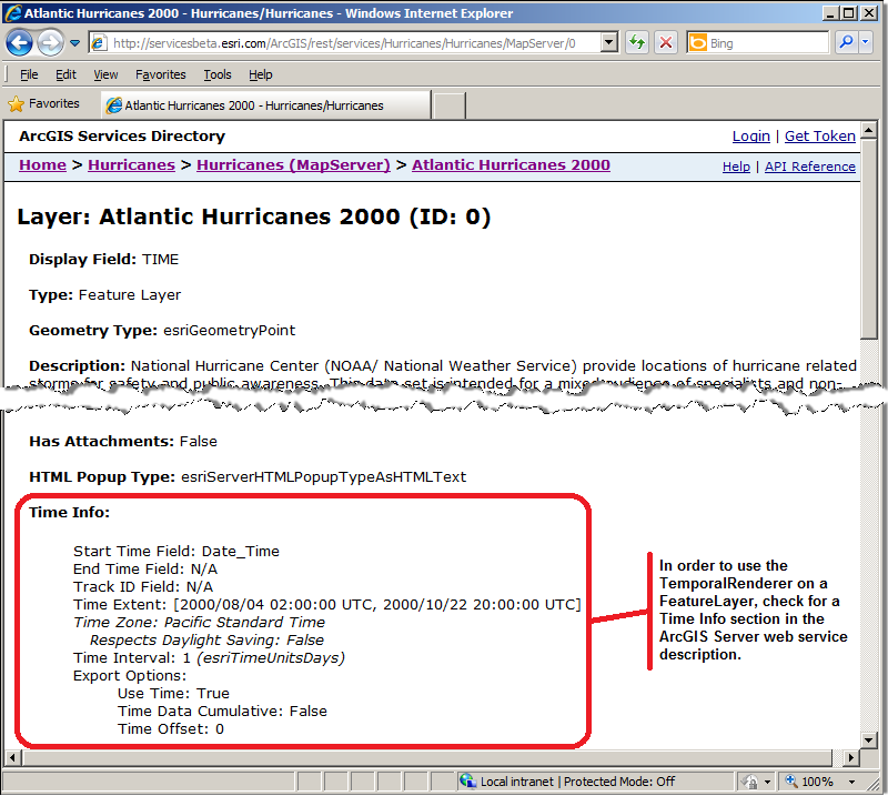 Demonstration of the Time Info section of the ArcGIS Server web service description.