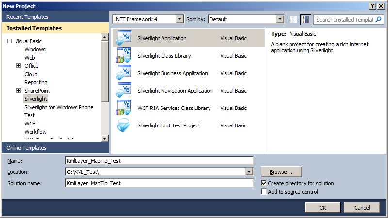 Choosing a Silverlight Application in Visual Studio.