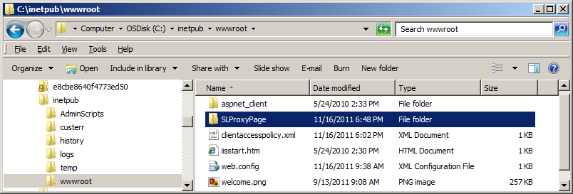 Confirming that the SLPRoxyPage directory was added to the C:\inetpub\wwwroot directoryin Windows Explorer.