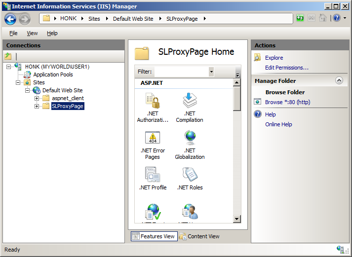 Viewing the SLProxyPage folder in the Internet Information Services (IIS) Manager application.