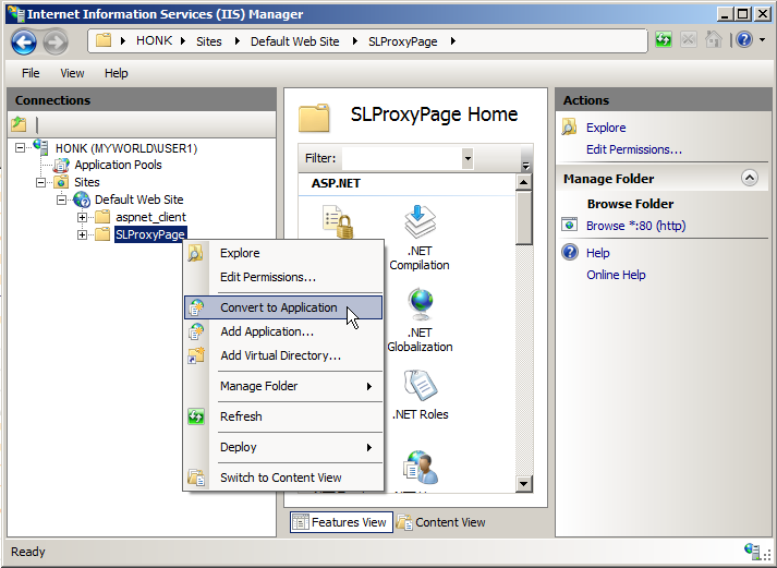 Using the Internet Information Services (IIS) Manager application to convert the SLProxyPage folder into an Application.