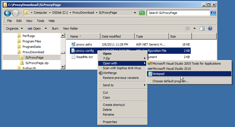 Using Windows Explorer to open the proxy.config file in Notepad.