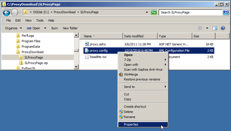 Accessing the Properties of the proxy.config file in Using Windows Explorer.