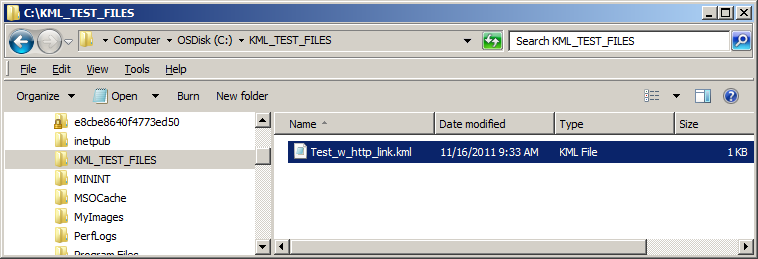 Confirming the C:\KML_TEST_FILES\Test_w_http_link.kml file exists in Windows Explorer.
