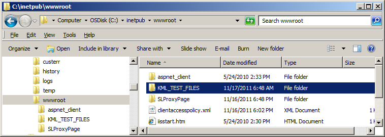 Using Windows Explorer to copy C:\TEST_KML_FILES to C:\inetpub\wwwroot.