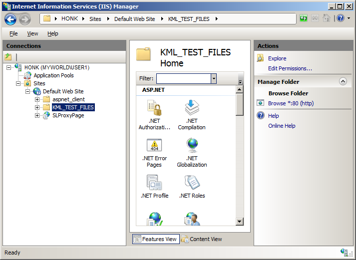 Viewing the KML_TEST_FILES folder in the Internet Information Services (IIS) Manager application.
