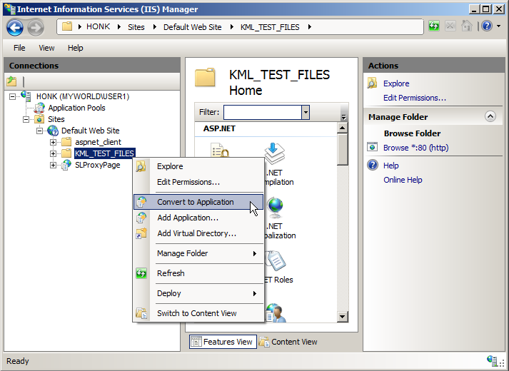 Converting the KML_TEST_FILES folder into an Application in the Internet Information Services (IIS) Manager application.