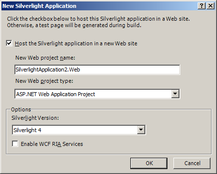 Accepting the defaults in the New Silverlight Application dialog.