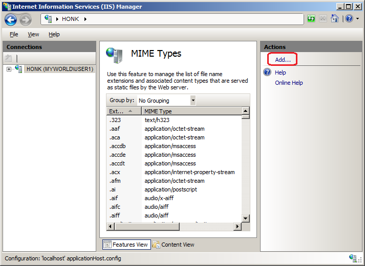 Add a MIME Type in the Internet Information Services (IIS) Manager application.