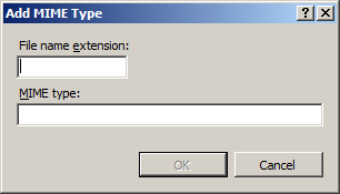 The Add MIME Type dialog in the Internet Information Services (IIS) Manager application.