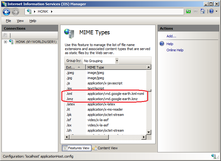 The Internet Information Services (IIS) Manager application after the KML/KMZ MIME Types are added.