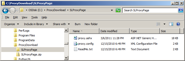 Using Windows Explorer to see where the SLProxyPage.zip was unzipped.