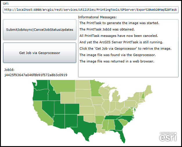 Showing how once a PrintTask.CancelJobStatusUpdates has been issued that the image can be returned via the Geoprocessor Class.