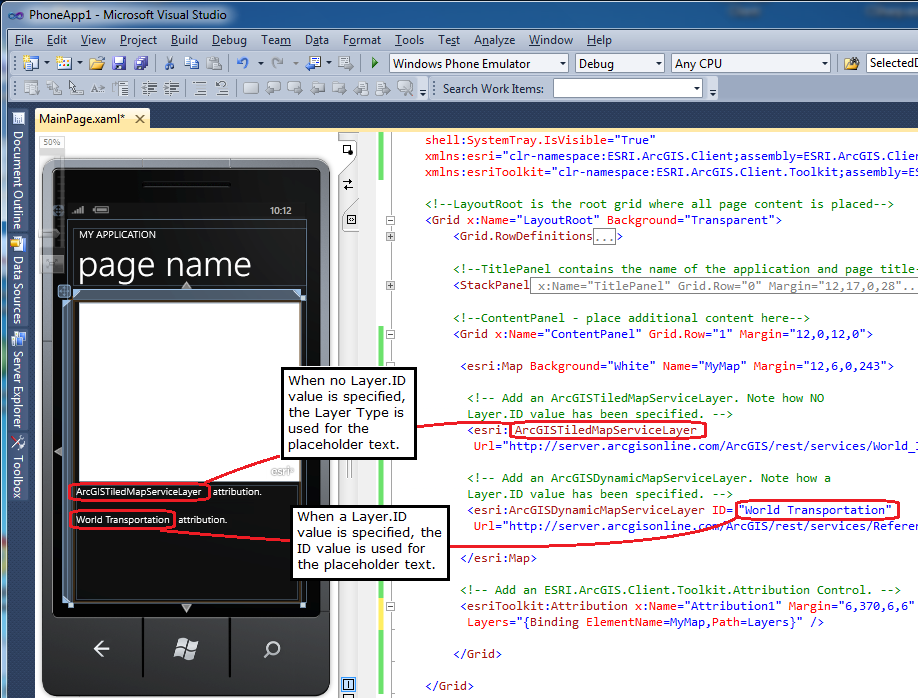 Example of the visual appearance of the Attribution Control at design-time when the Attribution.Layers Property is bound to the Map.Layers Property.