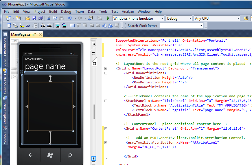 Example of the Attribution Control on the XAML design surface of a Windows Phone application.
