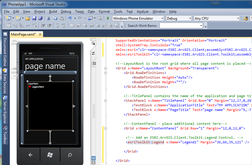 Example of the Legend Control on the XAML design surface of a Windows Phone application.
