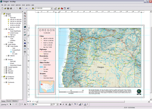 Capas de mapa en un mapa de Oregón