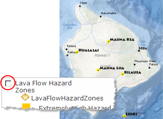 Capa Lava Flow Hazard Zones desactivada en el panel Contenido