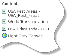 El panel Contenido muestra cuatro capas, incluido el mapa base Light Gray Canvas
