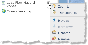 Menú contextual de la capa Lava Flow Hazard Zones