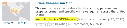 Entrada de resultados de búsqueda de Crime Comparison Map de ArcGIS Tutorials