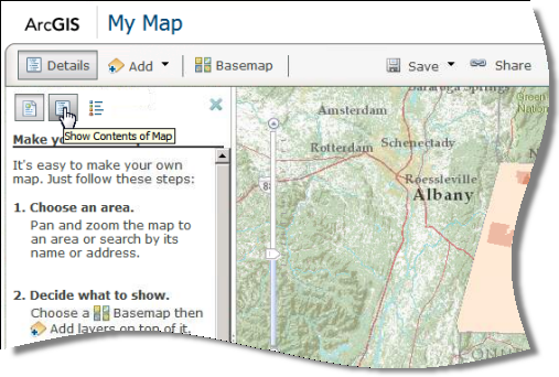 Botón Mostrar contenidos del mapa en el panel lateral