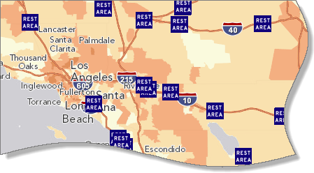El mapa ampliado a Los Angeles con los símbolos de áreas de descanso visibles