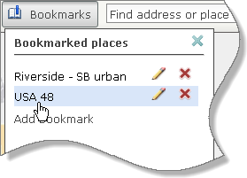 Al hacer clic en el botón Marcadores se muestra una lista de vistas de mapa guardadas previamente