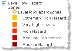 Símbolos de color y valoraciones de riesgo de la capa Lava Flow Hazard Zones expandida