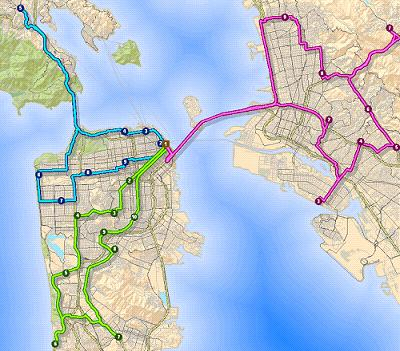 Cette carte illustre trois itinéraires utilisés pour optimiser le temps de parcours entre les arrêts pour trois véhicules d'une flotte