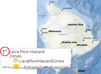 Couche Lava Flow Hazard Zones décochée dans le volet Contenu