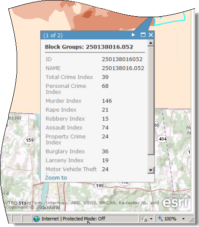 Une fenêtre contextuelle indiquant les attributs d'une entité de la carte