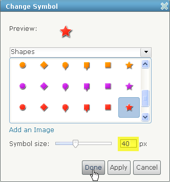 La boîte de dialogue Changer de symbole avec une étoile rouge sélectionnée dans le jeu de symboles Formes