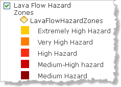 Symboles de couleurs et évaluation des risques de la couche développée Lava Flow Hazard Zones