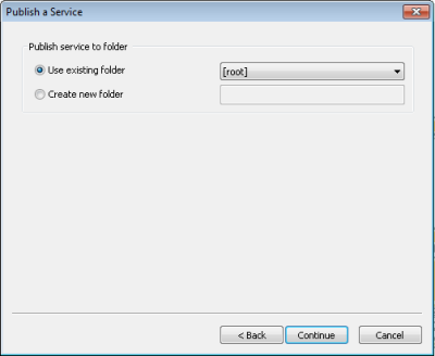 Le volet Publier un service dans lequel vous sélectionnez l'emplacement en sortie du service