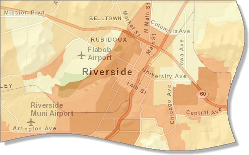 La carte avec un zoom sur Riverside, en Californie, avec le fonds de carte Streets