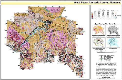 このマップは、Cascade County、Montana の風力の潜在力を示しています。