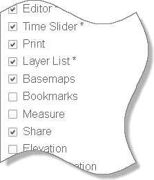 [Bookmarks] および [Measure] チェックボックスがオフになっているメニュー アイテムのリスト