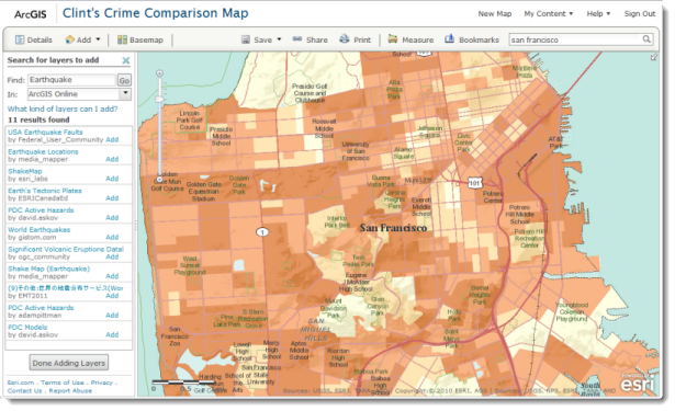 Клиентская карта сравнения преступности на www.arcgis.com