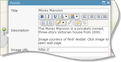 Всплывающее окно для здания Morey Mansion с заголовком и описанием