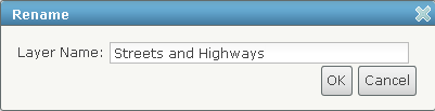 Диалоговое окно "Переименовать" (Rename) с текстом "Streets and Highways"